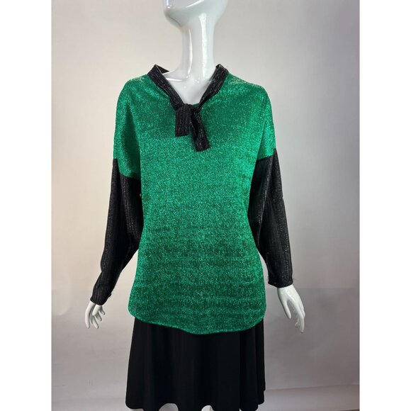 Vintage Green & Black Metallic Knit Long-Sleeve Top With Tie-Neck Detail - Picture 7 of 16